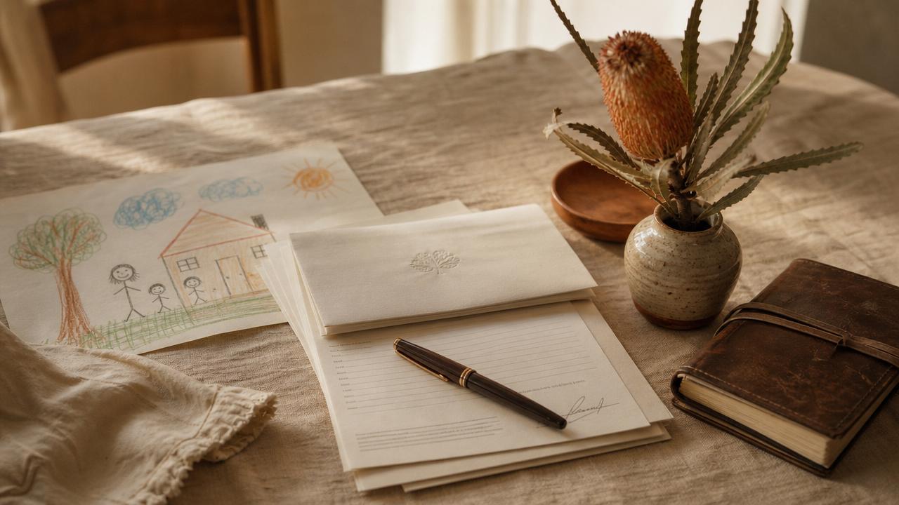 A completed BDBN form, fountain pen, and family documents arranged neatly on a calm linen desk