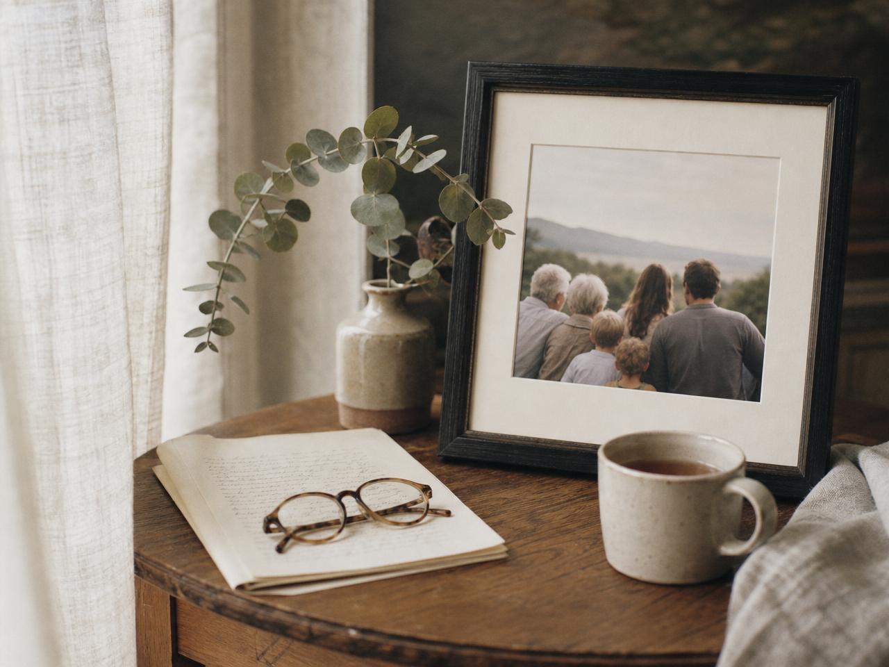 A framed family photograph, reading glasses on an open handwritten letter, a small vase of eucalyptus and a mug of tea on a warm oak side table — a quiet reminder of why the paperwork matters