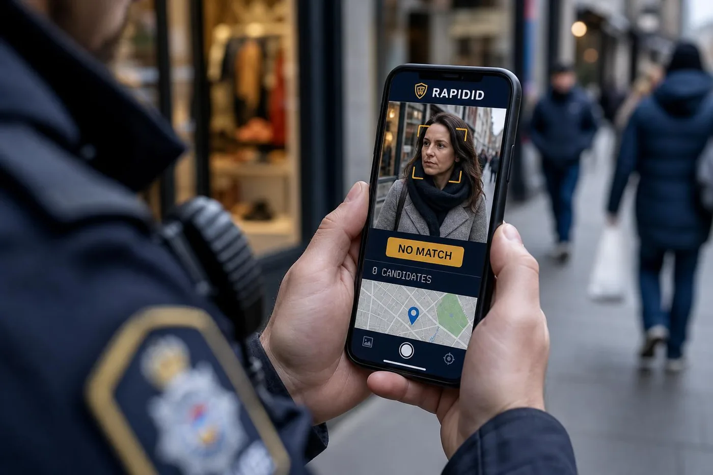 Officer using SteadCalm on a pedestrian, screen showing a NO MATCH result with zero candidates