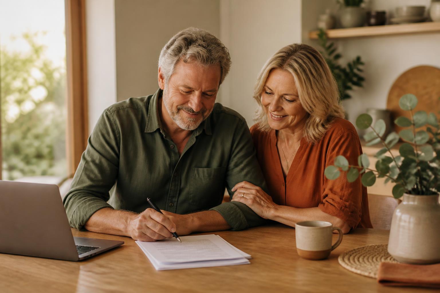 An Australian couple at a sunlit kitchen table signing their superannuation nomination paperwork beside an open laptop and a sprig of eucalyptus