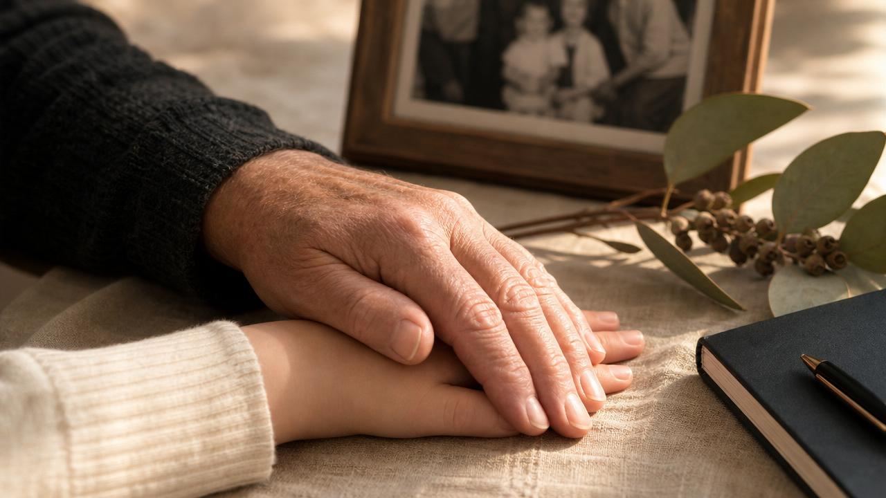 An older hand resting protectively over a child's smaller hand beside a family photo and native eucalyptus