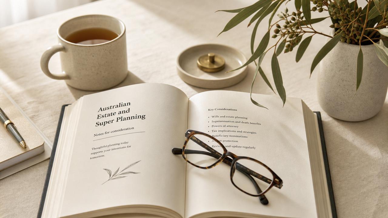 An open estate-planning workbook with a pen, a cup of tea and native eucalyptus on a warm linen desk