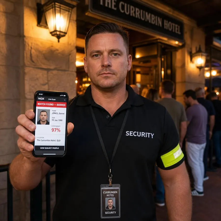 Venue security officer running a live SteadCalm door check showing a barred-person match on a phone